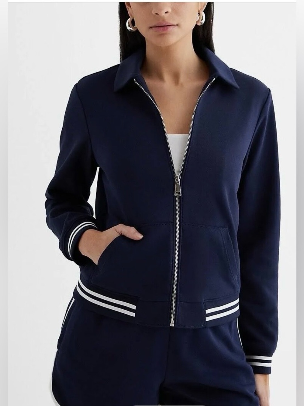 Express Navy Zip-Front Varsity Jacket with White Stripe Trim